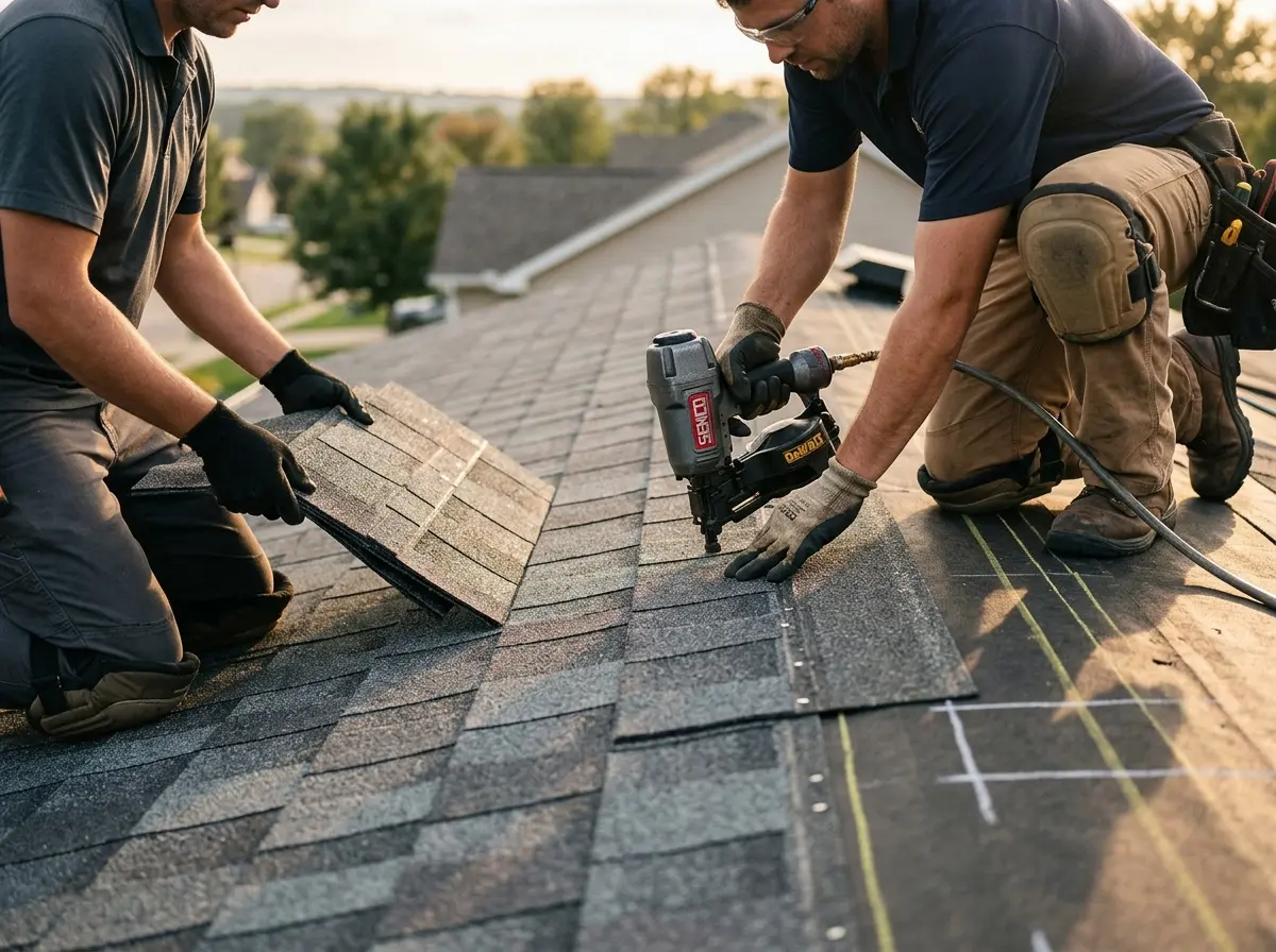Professional roofer working on a residential roof in Brookings